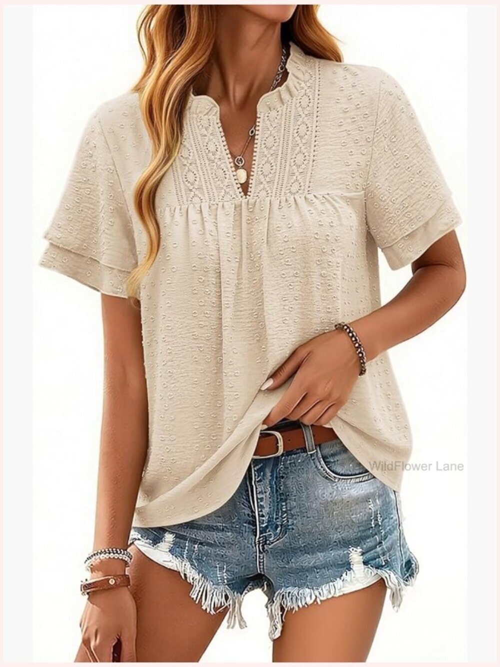 Womens Boho Flowy Blouse V Neck Ruffle Sleeve Lace Swiss Dot Tops